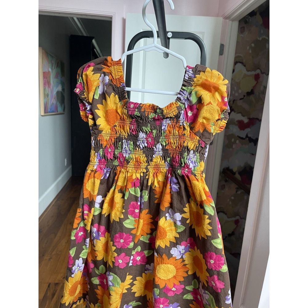 Gymboree Girls Size 6 Brown Floral Smocked Puff Sleeve Knee-Length Dress